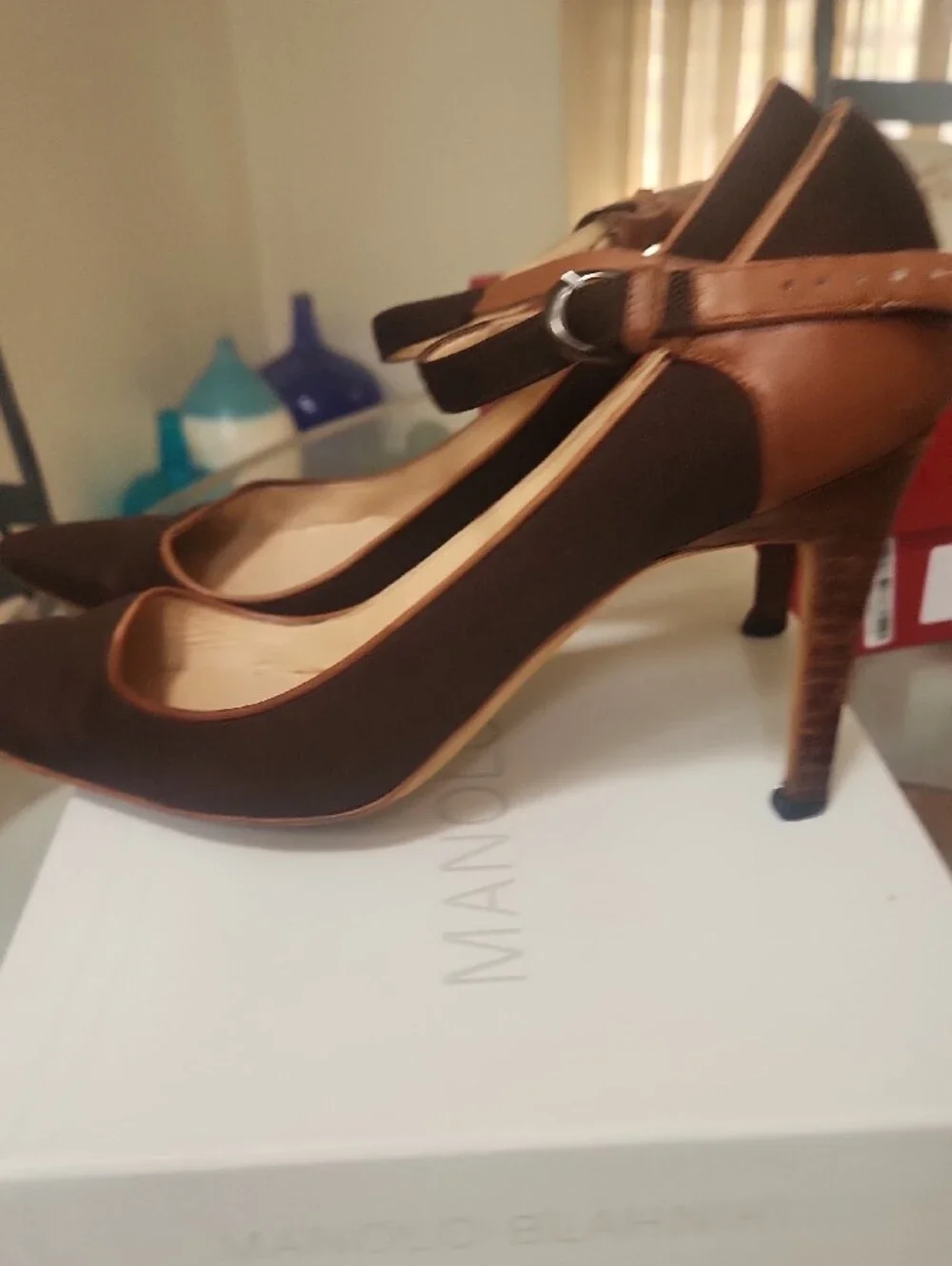 Manolo Blahnik Dark Brown Woven Mesh Trimmed With Leather. 31/2